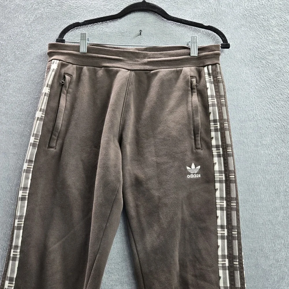 Adidas Men‎ Activewear Pants M Brown Embroidered Sweatpants Plaid Stripe Fleece